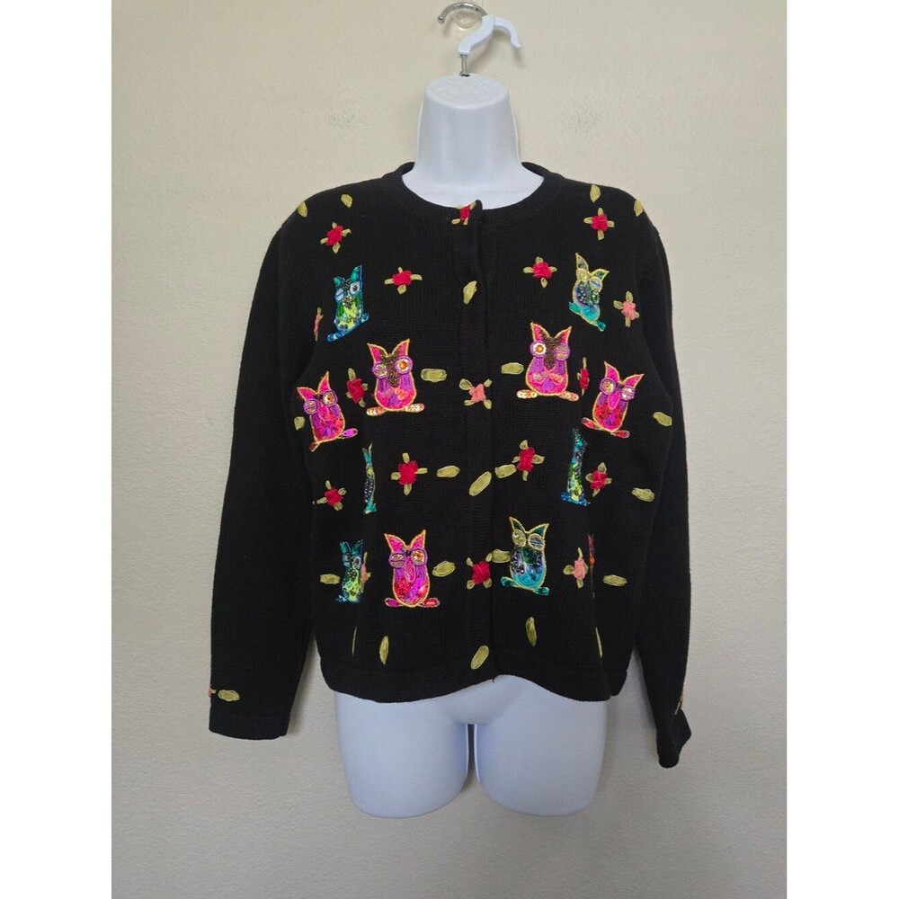 Vintage 90s Jack B Quick Bedazzled Beaded Owl Black Cardigan Sweater Medium